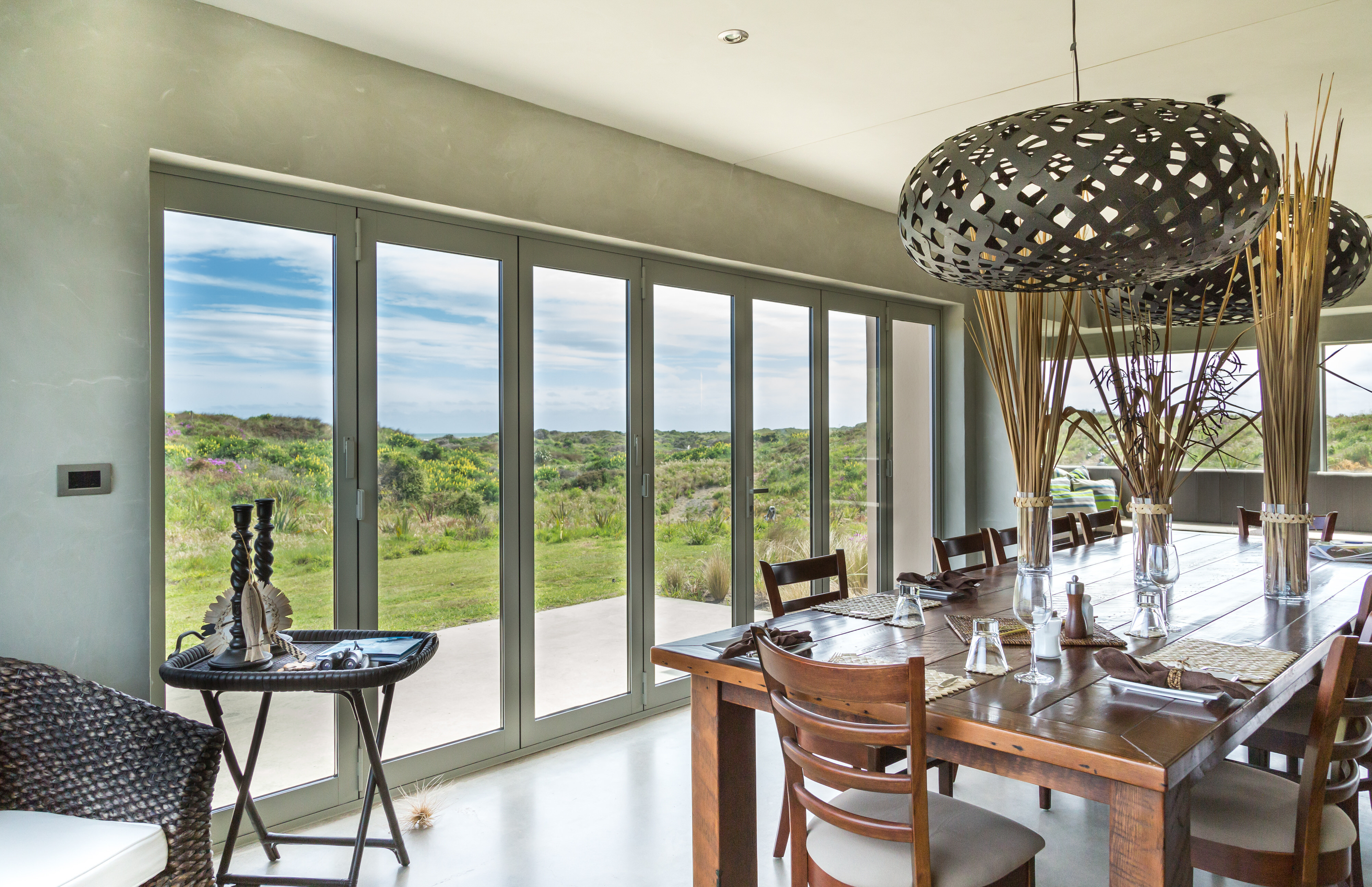 A dining room area with a great view